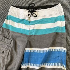 O'Neill Board Shorts Mens 30 Green Blue White Striped Swim Trunks Surfing